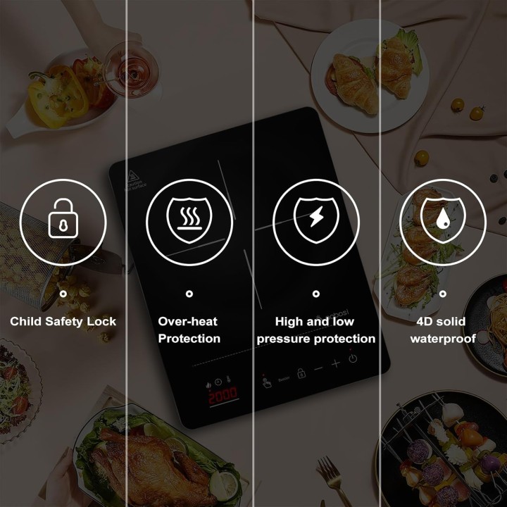 Plaque à induction portable 1 feu ultra-mince AAOBOSI - 2000W, sécurité enfant