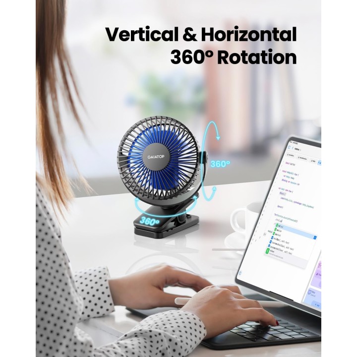 Ventilateur portable à clipser Gaiatop - 3 vitesses, batterie rechargeable, silencieux, noir