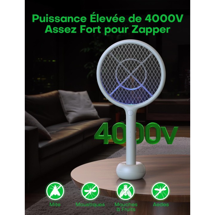 Raquette anti-moustique électrique 2-en-1 - 4000V, LED, rechargeable USB, sécurité renforcée