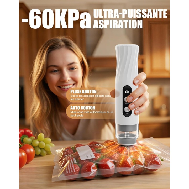 Machine sous vide alimentaire portable Babacom 60kPa rechargeable compacte - Blanc