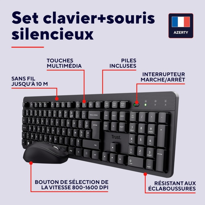 Pack clavier et souris sans fil Trust - Silencieux AZERTY résistant éclaboussures noir