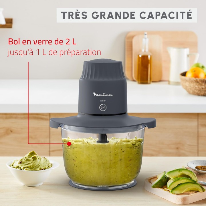 Hachoir électrique Moulinex bol verre 1L – 500W, 2 vitesses, sécurité Safe Start