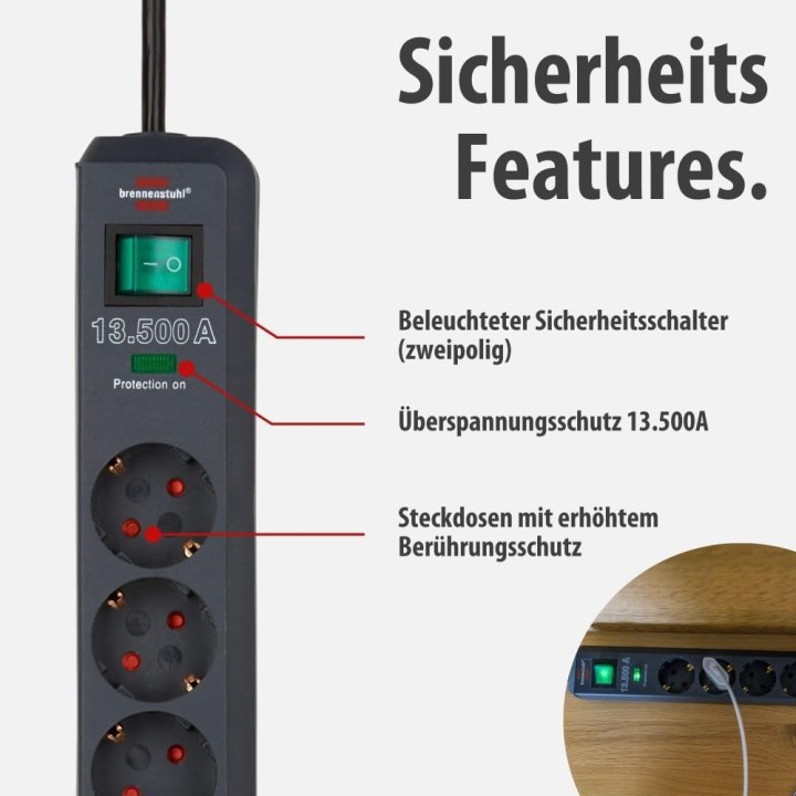 Multiprise 6 prises avec protection surtension, interrupteur et câble 5m - Brennenstuhl anthracite