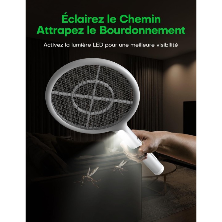 Raquette anti-moustique électrique 2-en-1 - 4000V, LED, rechargeable USB, sécurité renforcée