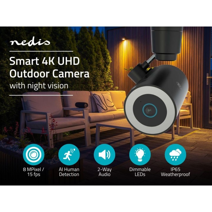 Caméra extérieure de sécurité 4K Ultra HD Wi-Fi 6 vision nocturne couleur Nedis