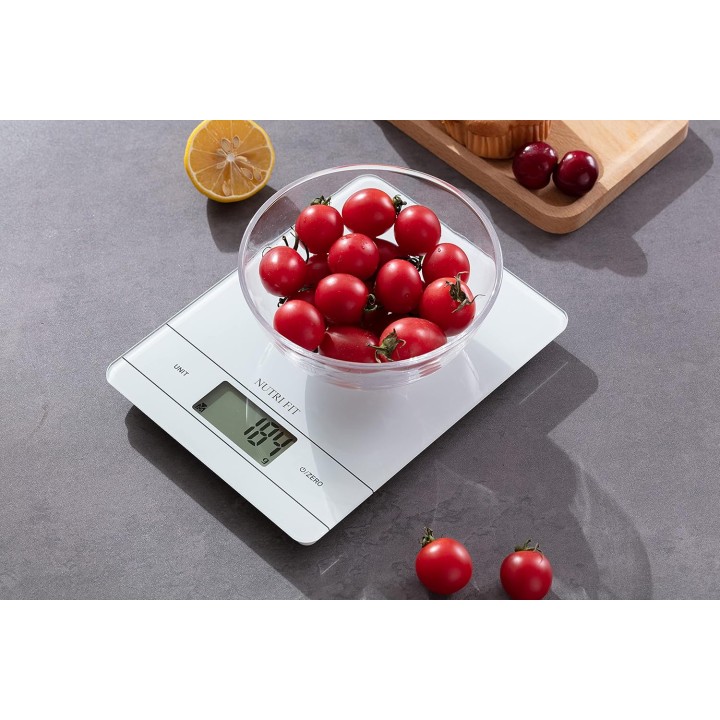 Balance de cuisine électronique 5 kg/1 g - Verre trempé - Recharge USB - LCD blanc