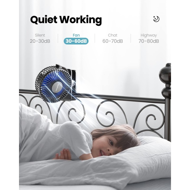 Ventilateur portable à clipser Gaiatop - 3 vitesses, batterie rechargeable, silencieux, noir