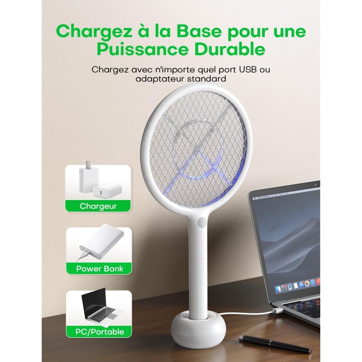 Raquette anti-moustique électrique 2-en-1 - 4000V, LED, rechargeable USB, sécurité renforcée