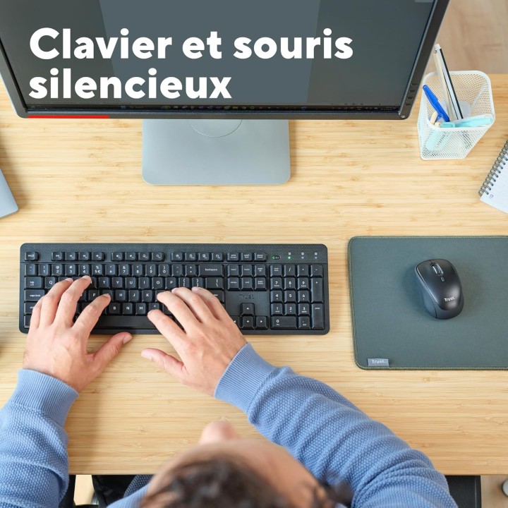 Pack clavier et souris sans fil Trust - Silencieux AZERTY résistant éclaboussures noir