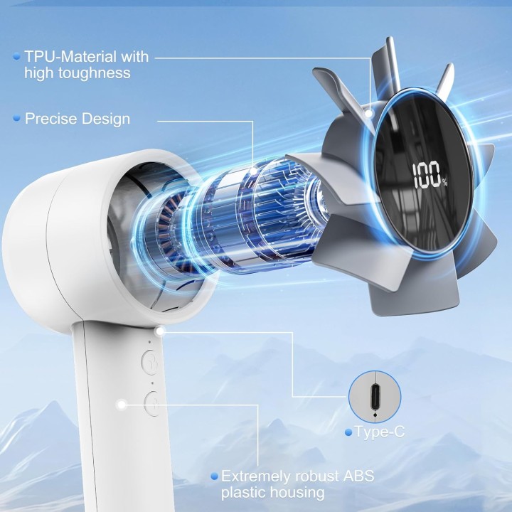 Ventilateur portable 5 vitesses USB avec affichage LED et batterie 3000mAh - compact blanc