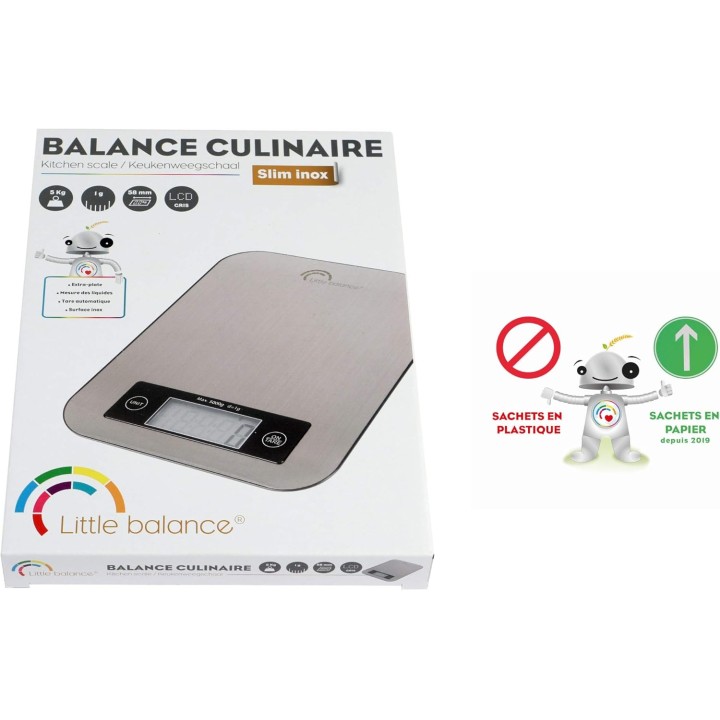 Balance de cuisine électronique extra-plate 5 kg - Précision 1 g - Inox