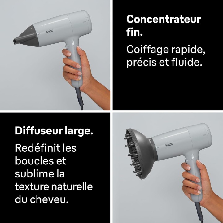 Sèche-cheveux Braun 2200W - Technologie ionique IONTEC - 3 accessoires - Gris satiné