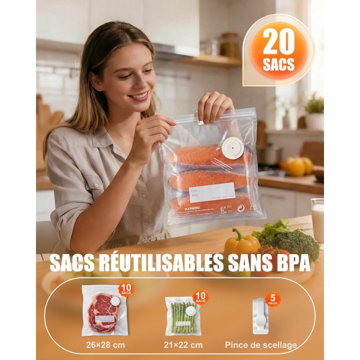 Machine sous vide alimentaire portable Babacom 60kPa rechargeable compacte - Blanc