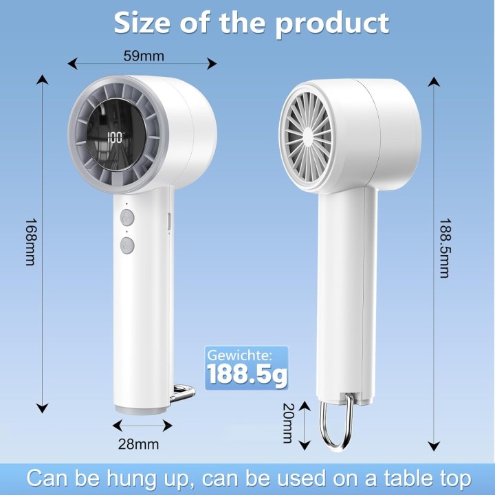 Ventilateur portable 5 vitesses USB avec affichage LED et batterie 3000mAh - compact blanc