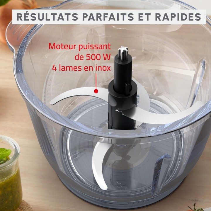 Hachoir électrique Moulinex bol verre 1L – 500W, 2 vitesses, sécurité Safe Start