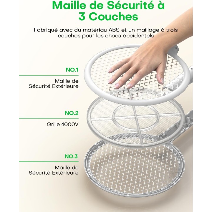 Raquette anti-moustique électrique 2-en-1 - 4000V, LED, rechargeable USB, sécurité renforcée