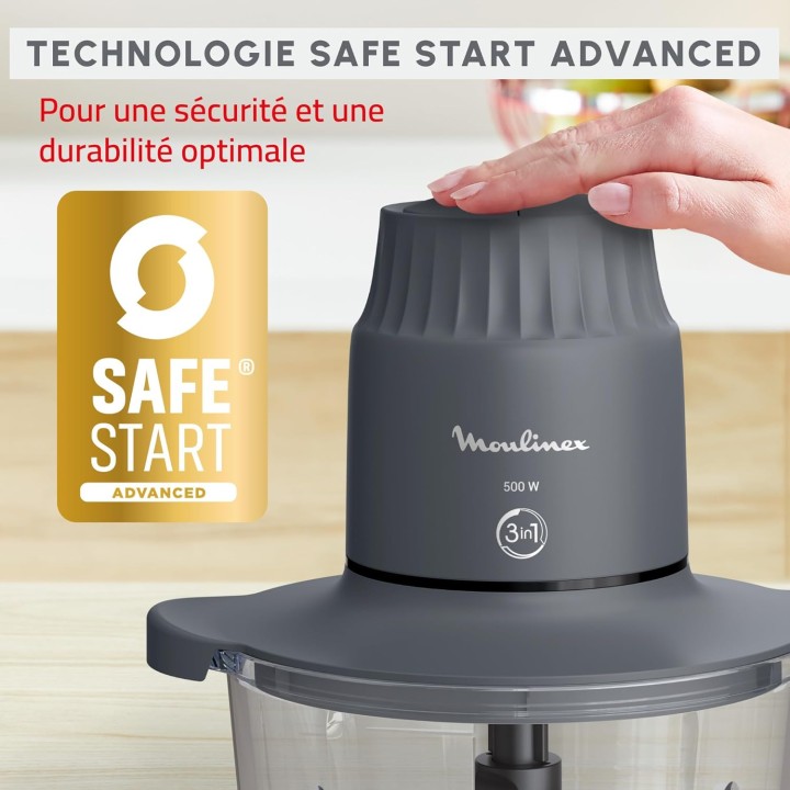 Hachoir électrique Moulinex bol verre 1L – 500W, 2 vitesses, sécurité Safe Start