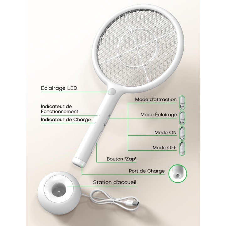 Raquette anti-moustique électrique 2-en-1 - 4000V, LED, rechargeable USB, sécurité renforcée