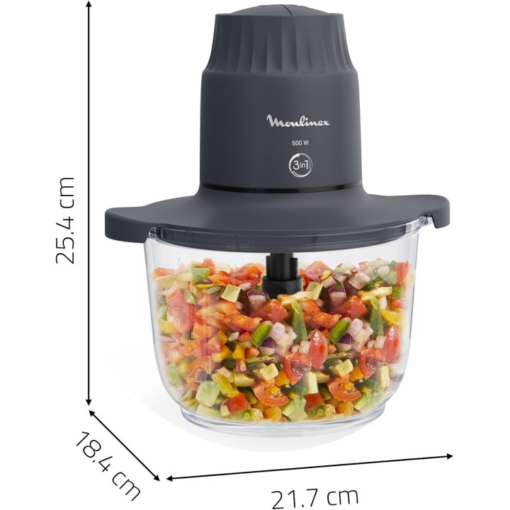 Hachoir électrique Moulinex bol verre 1L – 500W, 2 vitesses, sécurité Safe Start