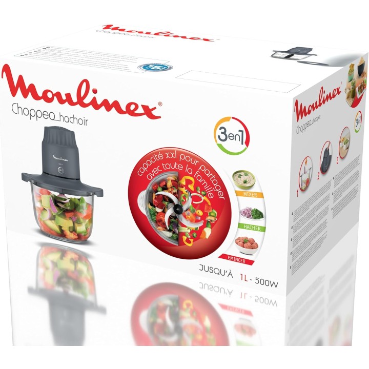Hachoir électrique Moulinex bol verre 1L – 500W, 2 vitesses, sécurité Safe Start