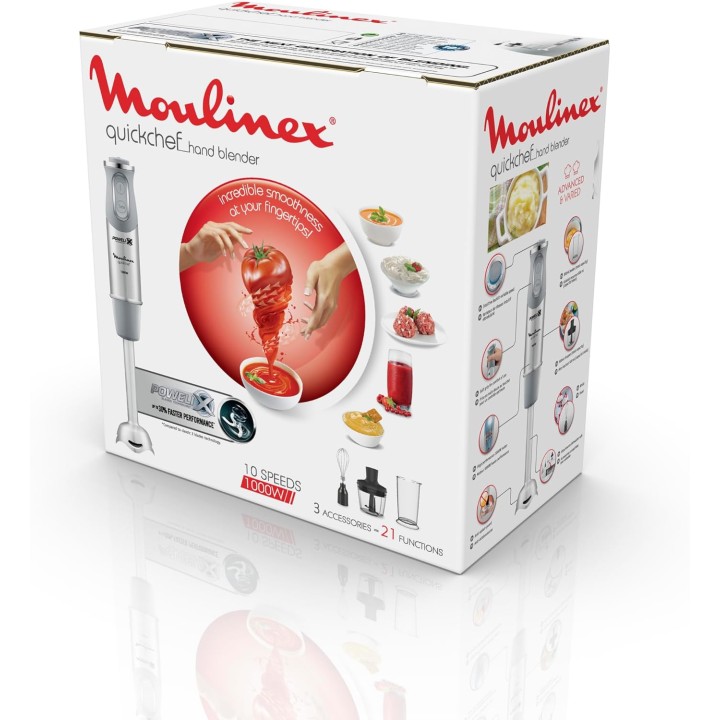 Mixeur plongeant inox Moulinex 1000 W – 10 vitesses, accessoires fouet et hachoir