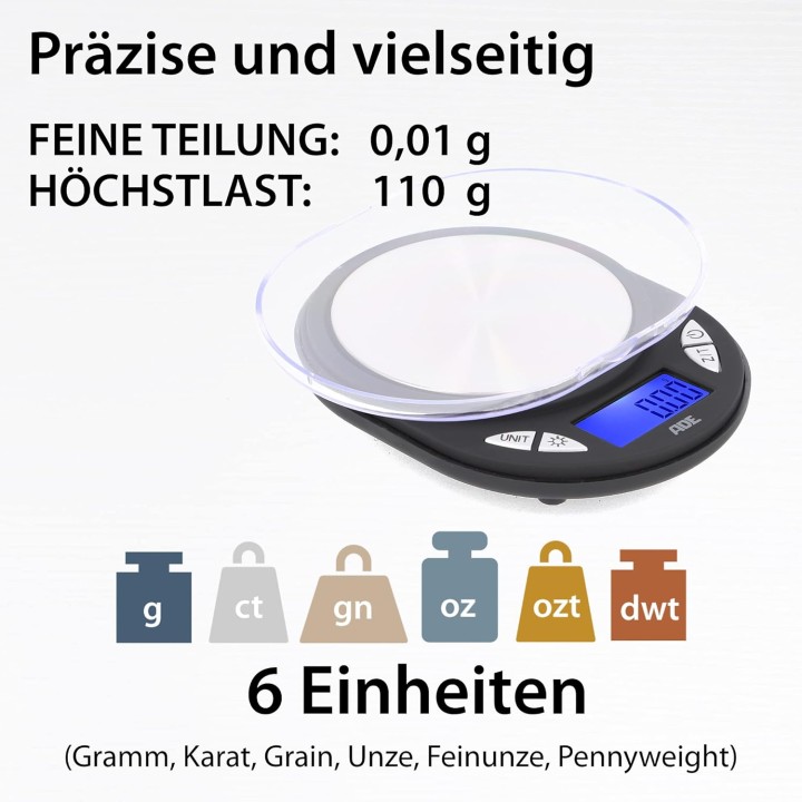 Balance de précision digitale 0,01g ADE TE1700 - Acier brossé noir compacte