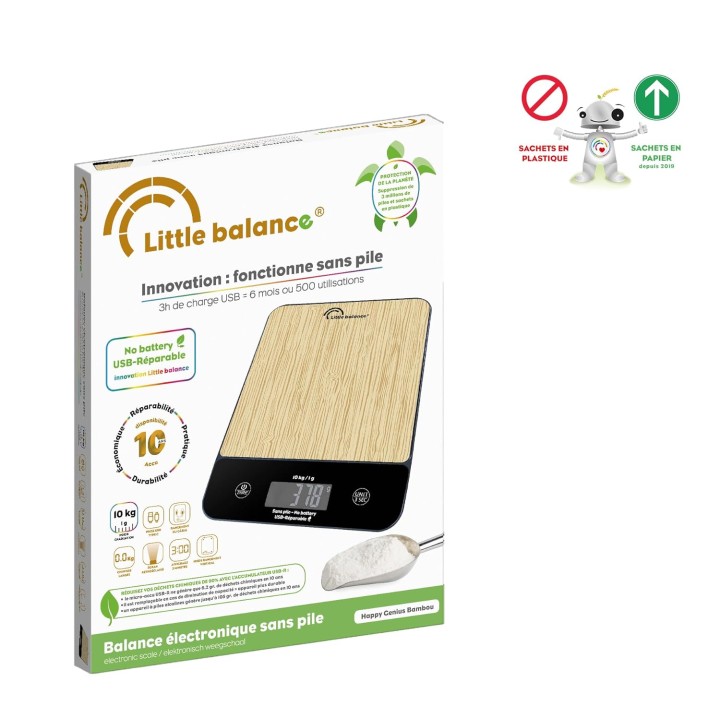 Balance de cuisine USB rechargeable extra plate 10 kg bambou - Little Balance 8712