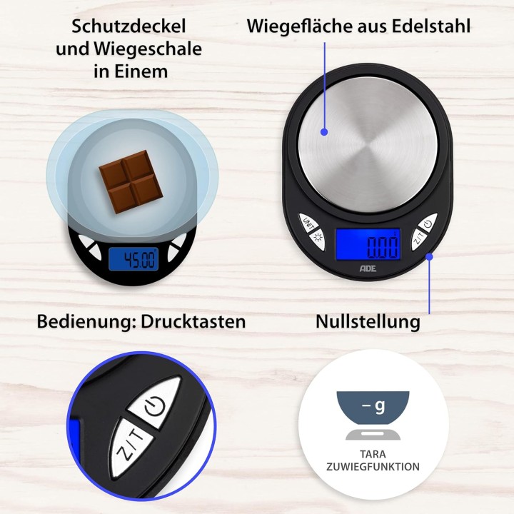 Balance de précision digitale 0,01g ADE TE1700 - Acier brossé noir compacte