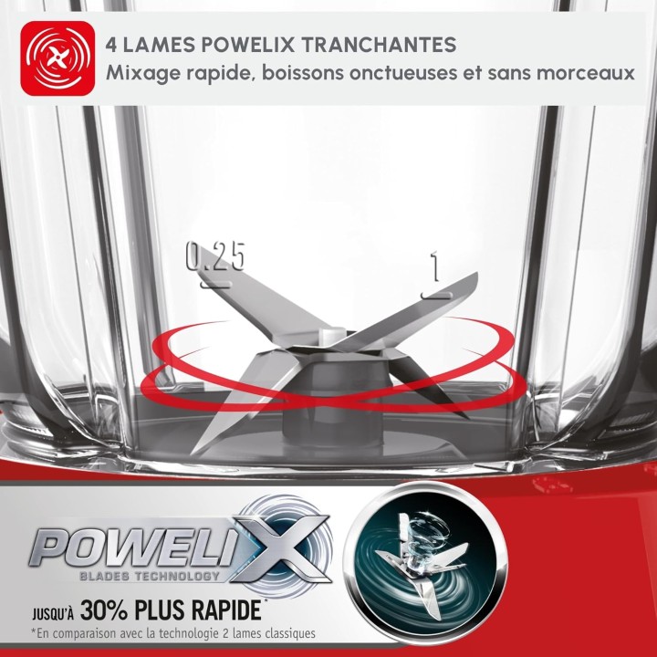 Blender Moulinex Blendforce 600W - 2L - Rouge - Smart Lock et glace pilée