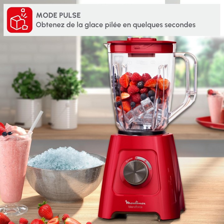Blender Moulinex Blendforce 600W - 2L - Rouge - Smart Lock et glace pilée