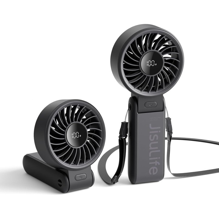 Ventilateur portable 3-en-1 JISULIFE - Écran LED, autonomie 19,5h, pliable, Noir