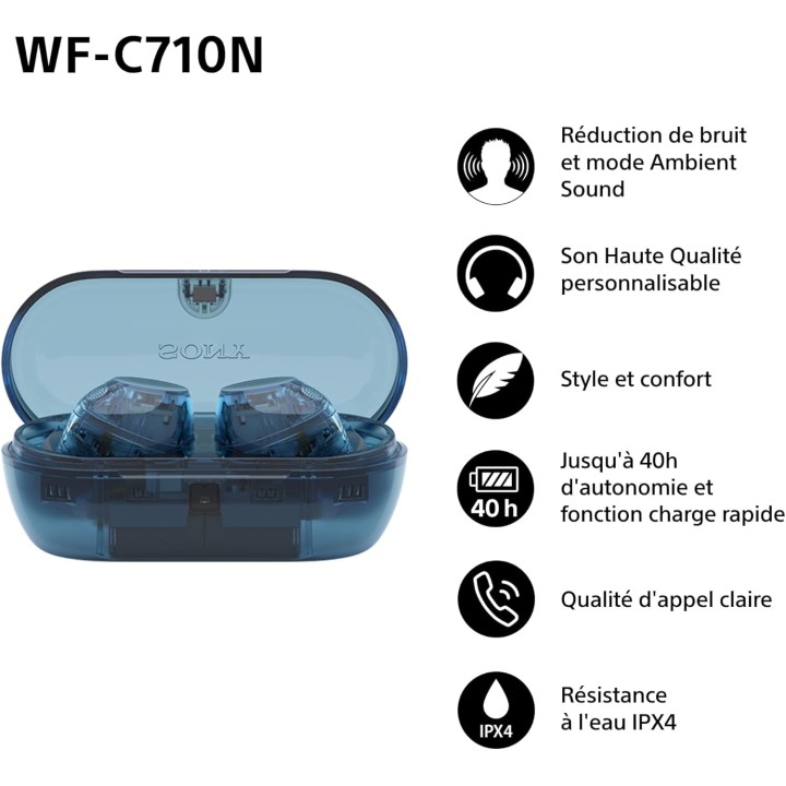 Écouteurs sans fil Sony WF-C710N - Réduction de bruit, Bluetooth, autonomie 40h, verre bleu