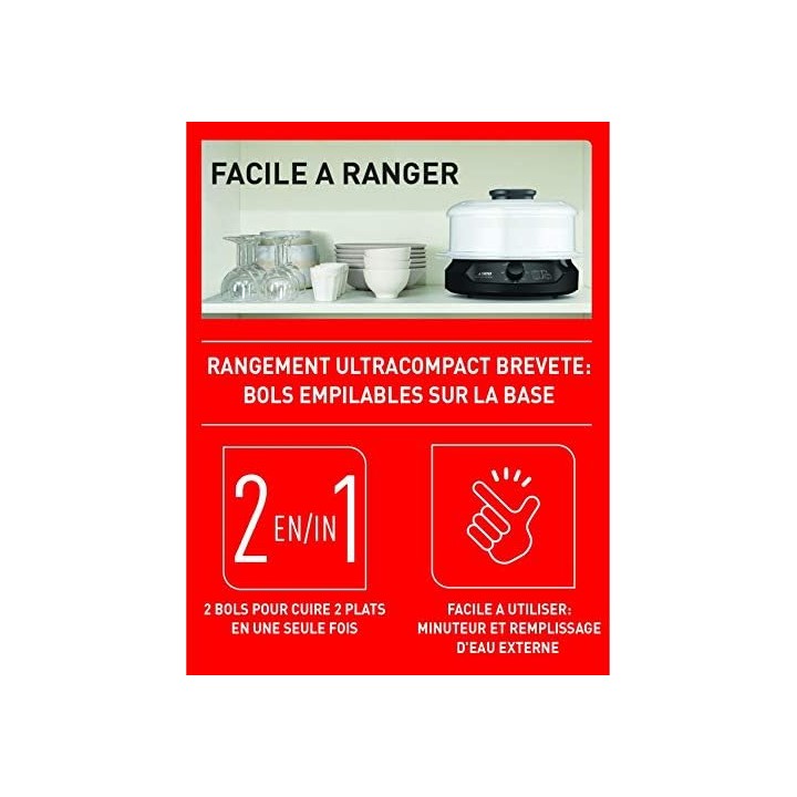 Cuiseur vapeur SEB 9L - 3 bols empilables, rangement compact, cuisson saine