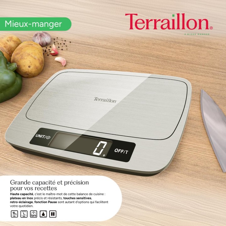 Balance de cuisine électronique 15 kg inox - Plateau large, fonction tare Terraillon