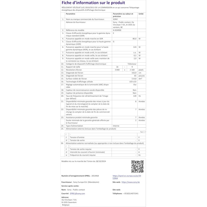 TV QLED Mini LED 65 pouces 4K HDR Sony - Smart TV, Gaming HDMI 2.1, Dolby Atmos