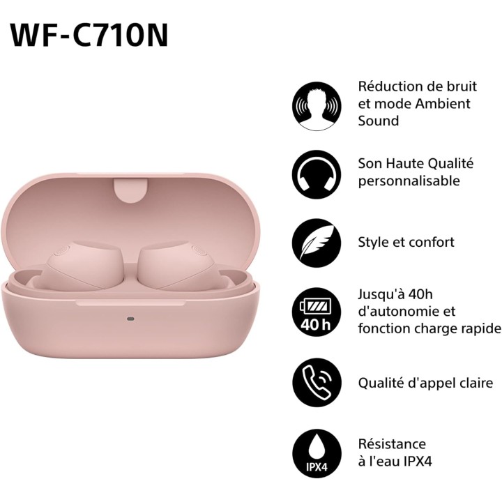Écouteurs sans fil Sony WF-C710N - Réduction de bruit active - Rose - Autonomie 40h