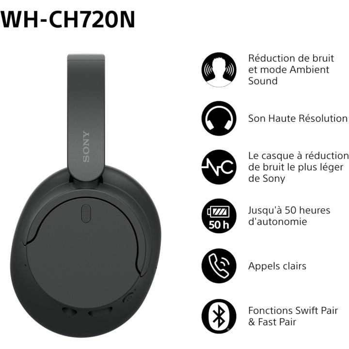 Casque Bluetooth sans fil Sony WH-CH720N - Réduction de bruit - Micro - 35h autonomie