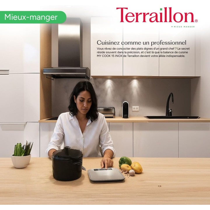 Balance de cuisine électronique 15 kg inox - Plateau large, fonction tare Terraillon