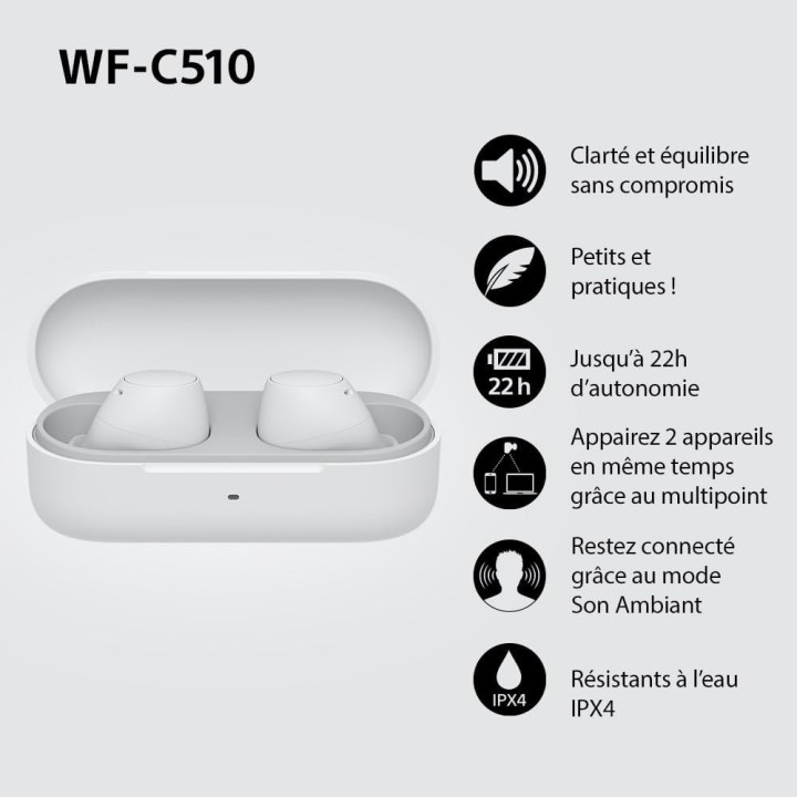 Écouteurs Bluetooth Sony WF-C510 – Intra-auriculaires compacts, autonomie 22h, multipoint