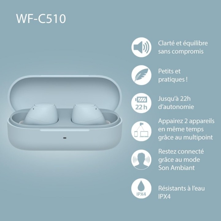 Écouteurs sans fil Sony WF-C510 - Bluetooth multipoint, légers, autonomie 22h - Bleu