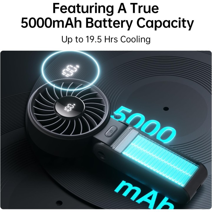 Ventilateur portable 3-en-1 JISULIFE - Écran LED, autonomie 19,5h, pliable, Noir