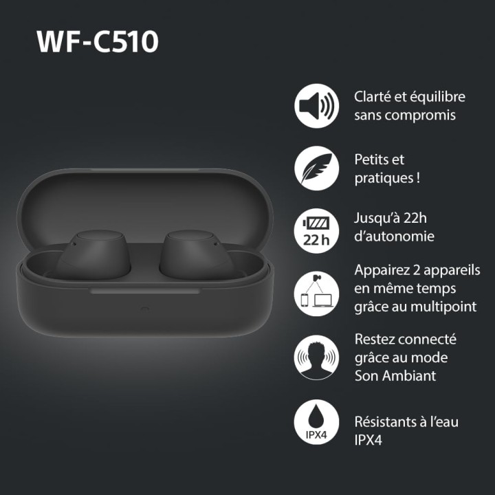 Écouteurs sans fil Sony WF-C510 - Intra-auriculaires compacts, autonomie 22h, multipoint