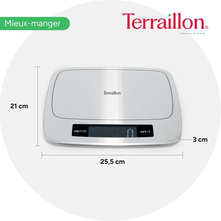 Balance de cuisine électronique 15 kg inox - Plateau large, fonction tare Terraillon