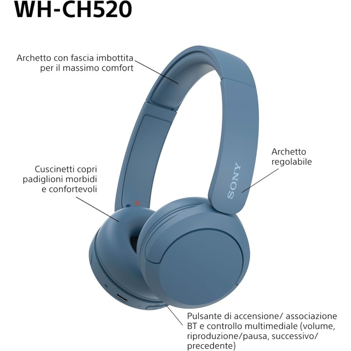 Casque sans fil Sony WH-CH520 - Autonomie 50h, multipoint, micro - Bleu