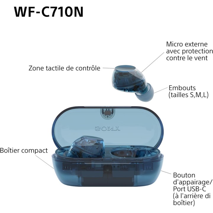 Écouteurs sans fil Sony WF-C710N - Réduction de bruit, Bluetooth, autonomie 40h, verre bleu