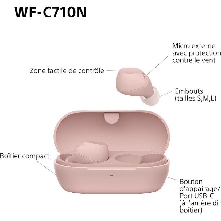 Écouteurs sans fil Sony WF-C710N - Réduction de bruit active - Rose - Autonomie 40h