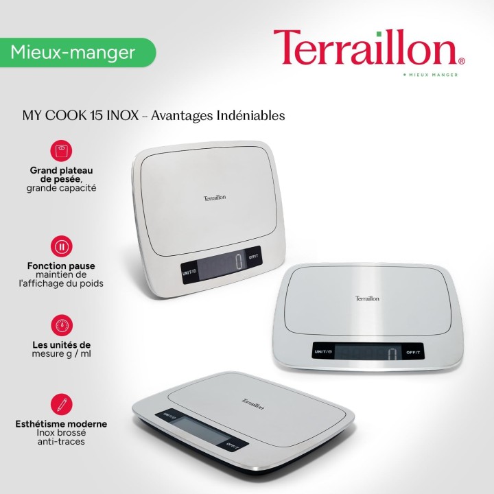 Balance de cuisine électronique 15 kg inox - Plateau large, fonction tare Terraillon