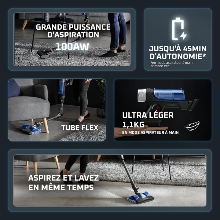 Aspirateur balai sans fil Rowenta X-Force Flex 9.60 Aqua - aspire et lave, tube flexible, 45min