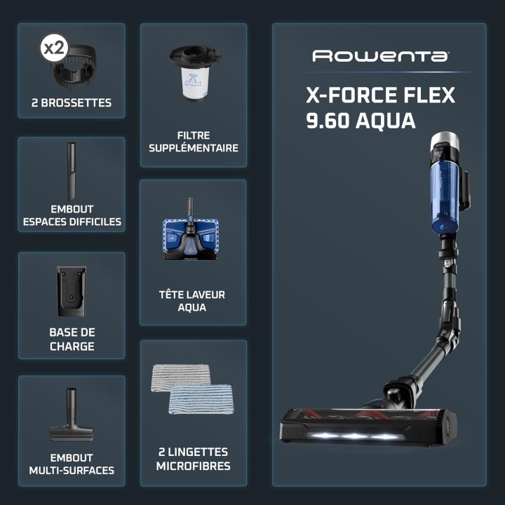 Aspirateur balai sans fil Rowenta X-Force Flex 9.60 Aqua - aspire et lave, tube flexible, 45min