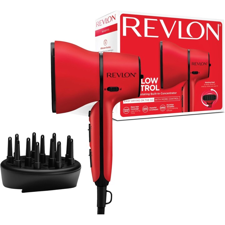 Sèche-cheveux compact Revlon Airflow Control - 2000W, concentrateur rotatif, diffuseur boucles